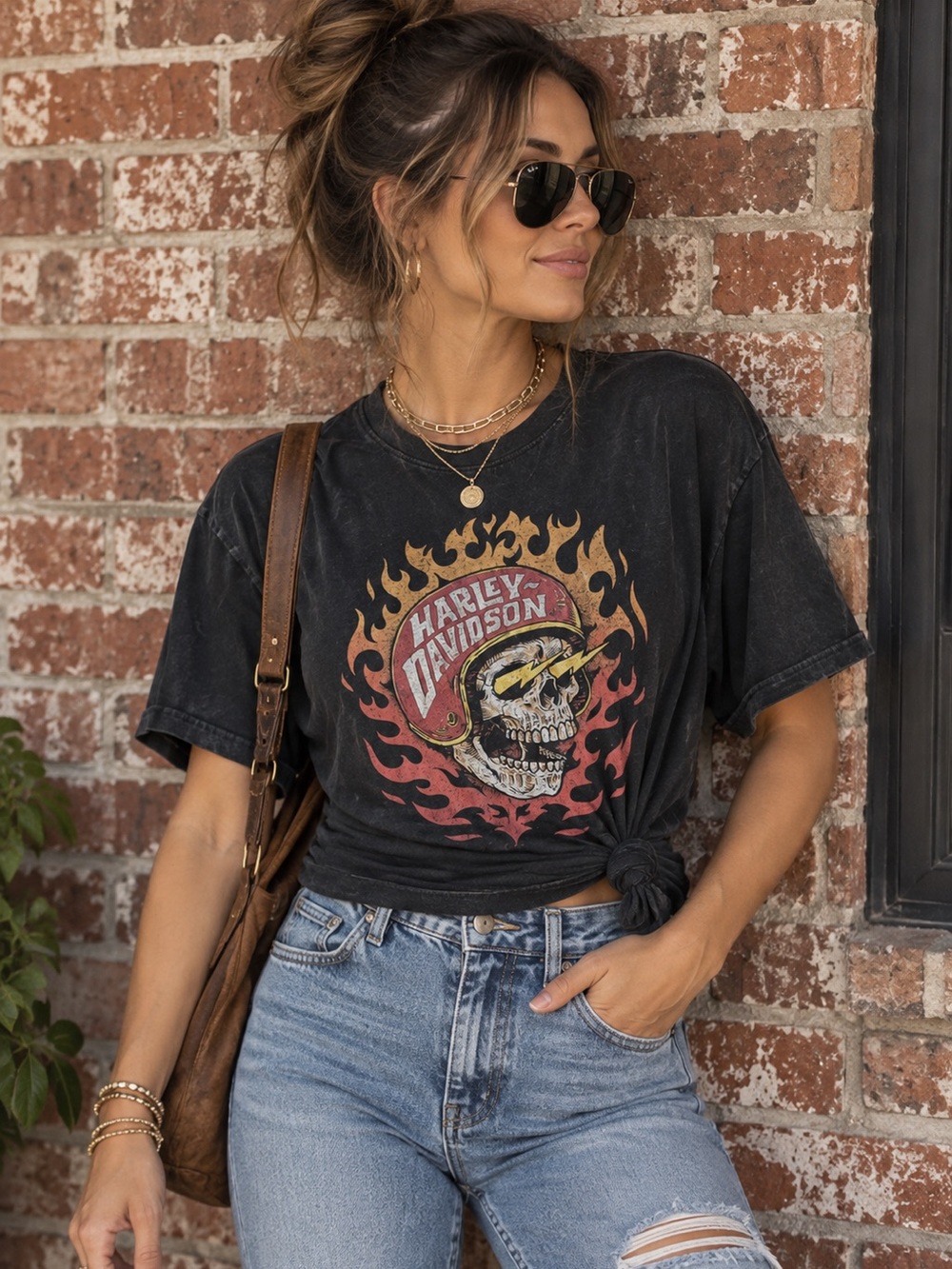 Harley-Davidson Black Tee with Red Helmet Skull and Yellow Lightning